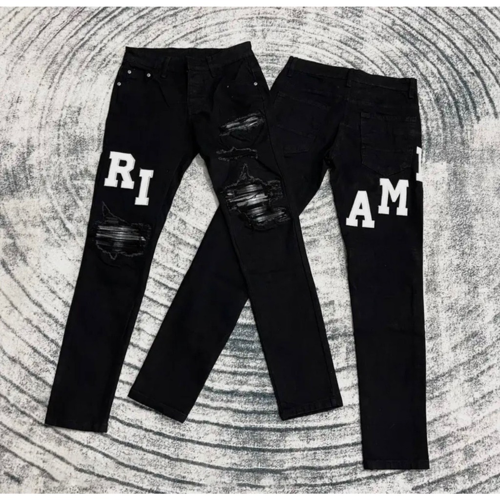 Quần Jean Nam Đen Xậm Thêu Chữ Da AMIRI Trắng 2 bản Vá Gối Vá Trần Nhăn Cứng Siêu Bền Hottrend 2023
