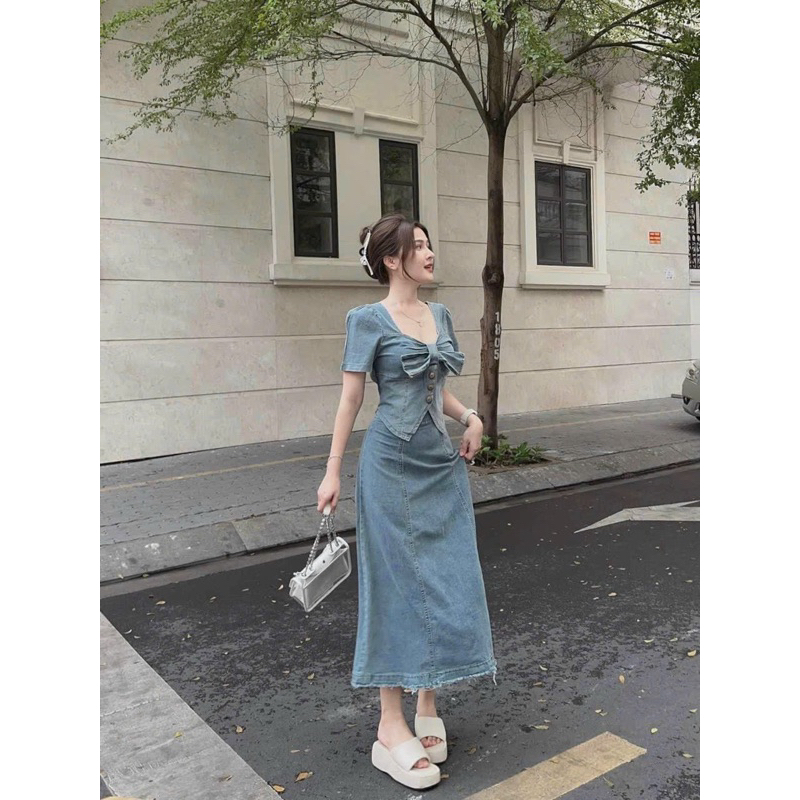 Set jean co dãn váy A dài áo nơ