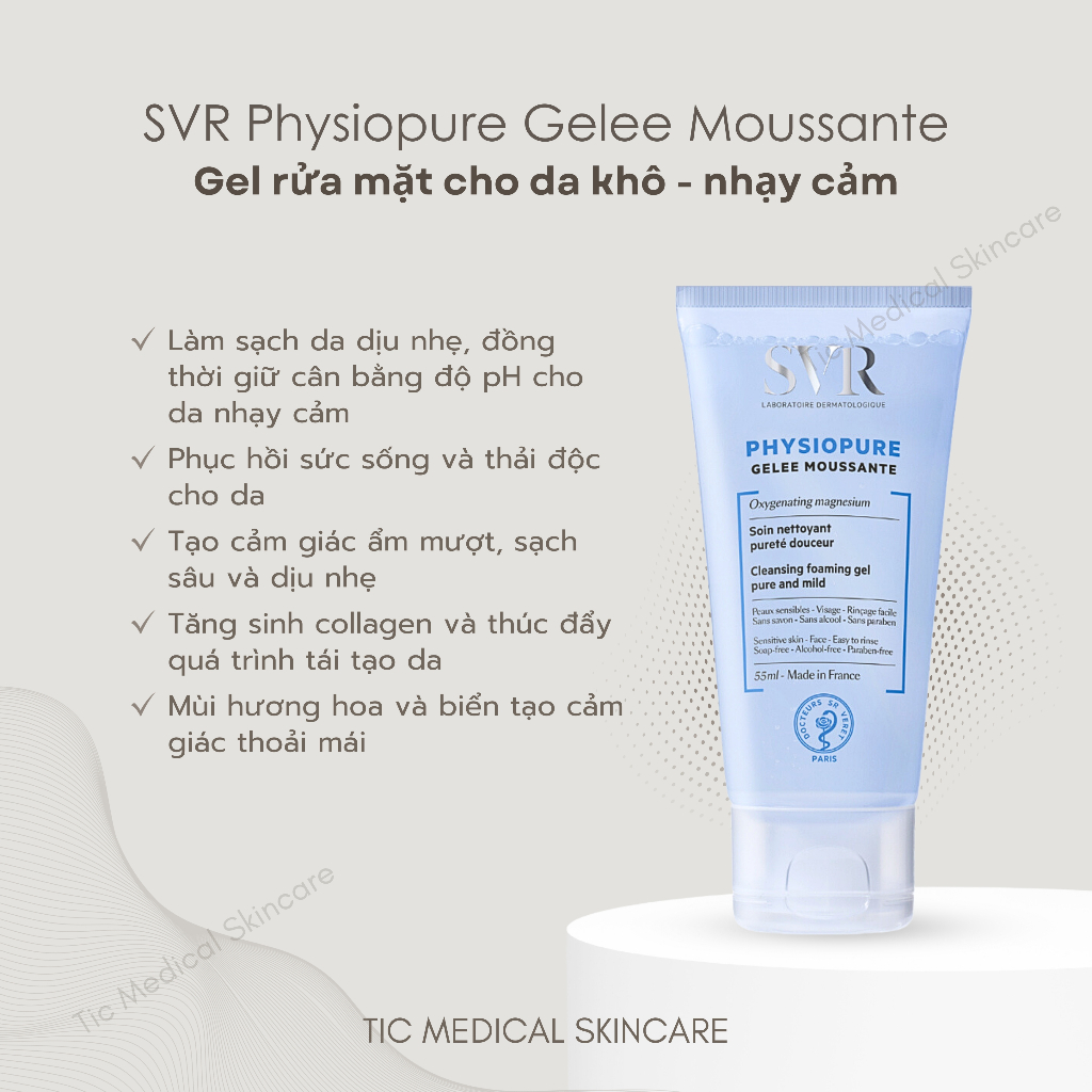 Gel Rửa Mặt SVR Physiopure Gelee Moussante Cho Da Khô Nhạy Cảm (Xanh dương) 200ml - Tic MEdical Skincare