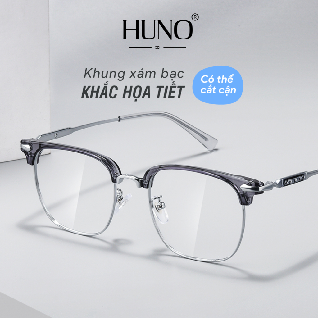 Gọng kính họa tiết hoa văn thời thượng cho nam nữ, khung xám kim loại cao cấp HUNO 2023 - K119