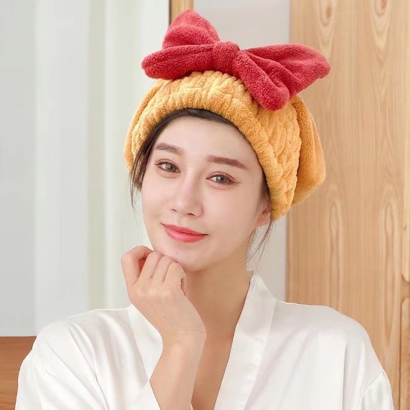 Mũ ủ tóc siêu thấm nước, Mũ tắm nơ nhung dày dặn, Khăn quấn khô tóc có nơ dễ thương chất liệu cotton mềm mịn