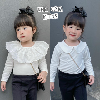  Áo Thun Trắng Dài Tay Cổ Ren - Cổ Sen Trơn Cho Bé Gái - Nhà Cam 