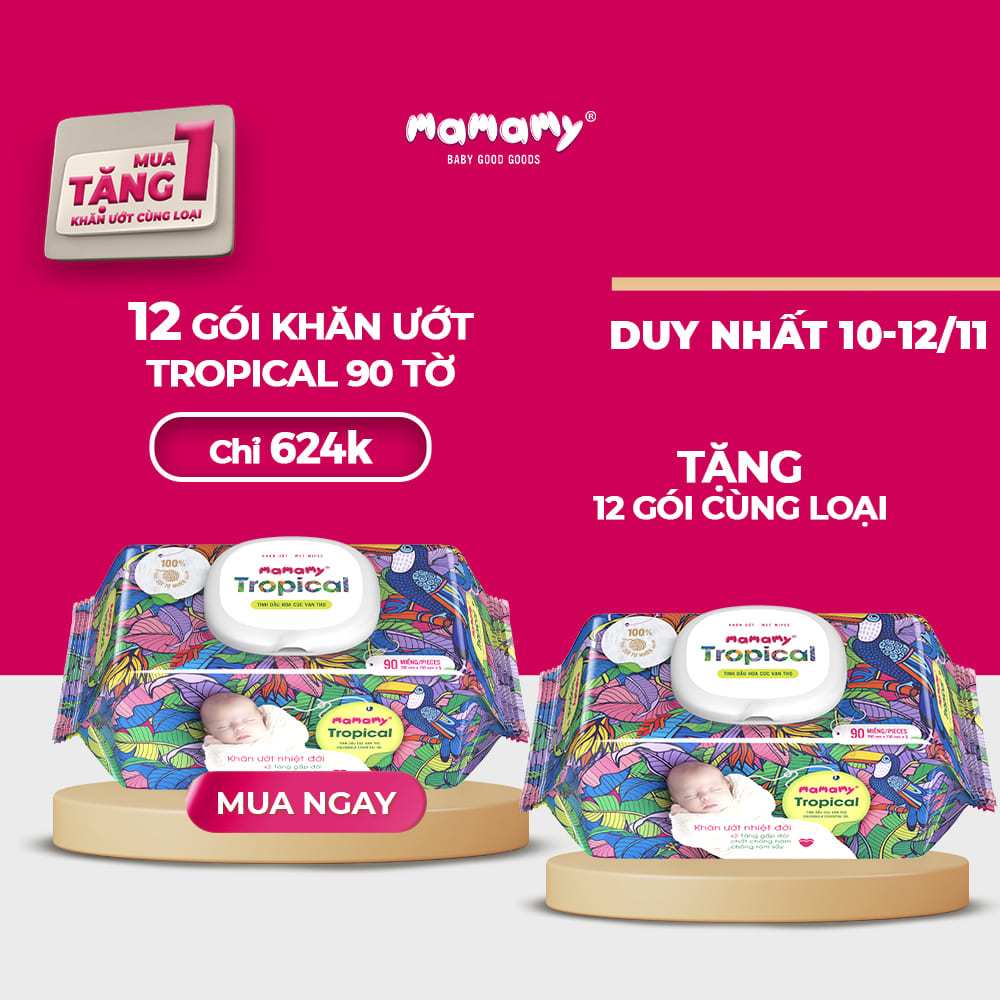 [DUY NHẤT 10-12/11 - MUA 12 TẶNG 12] Mua 12 gói khăn ướt Mamamy Tropical 90 tờ tặng 12 gói cùng loại