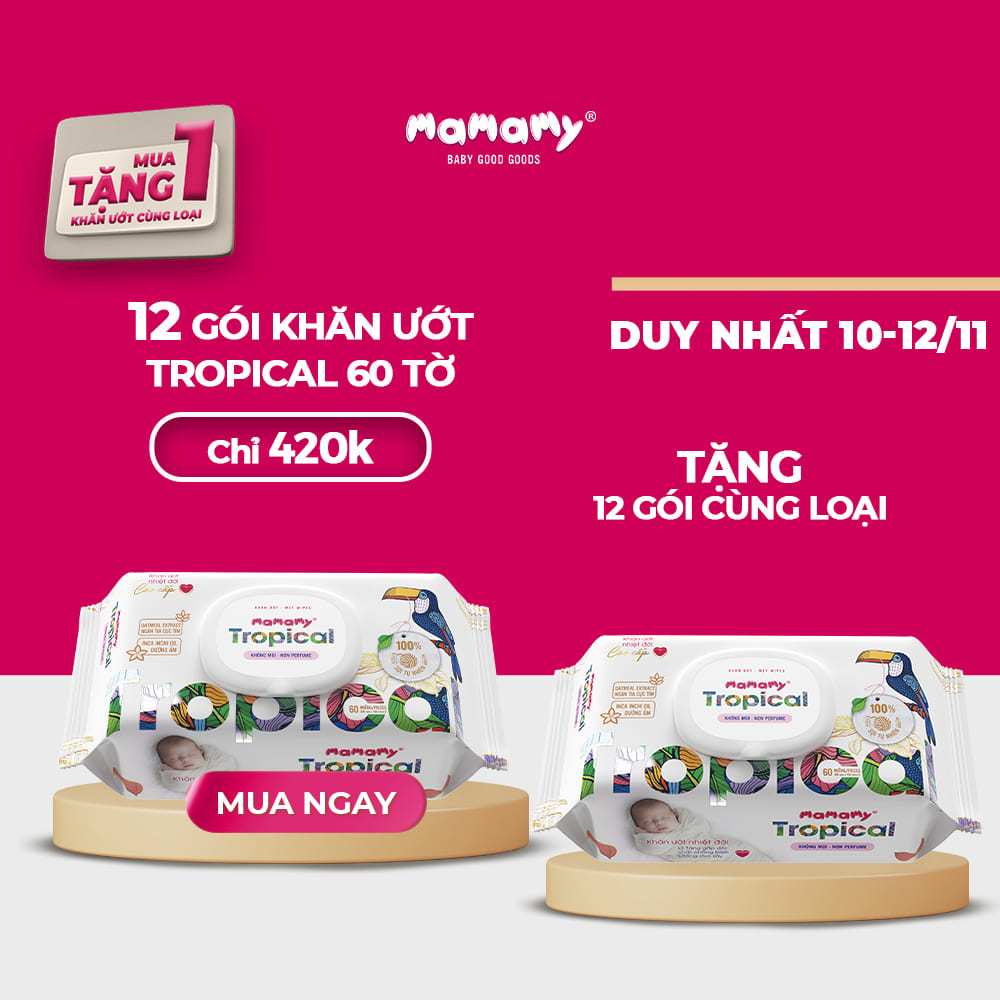 [DUY NHẤT 10-12/11 - MUA 12 TẶNG 12] Mua 12 gói khăn ướt Mamamy Tropical 60 tờ tặng 12 gói cùng loại