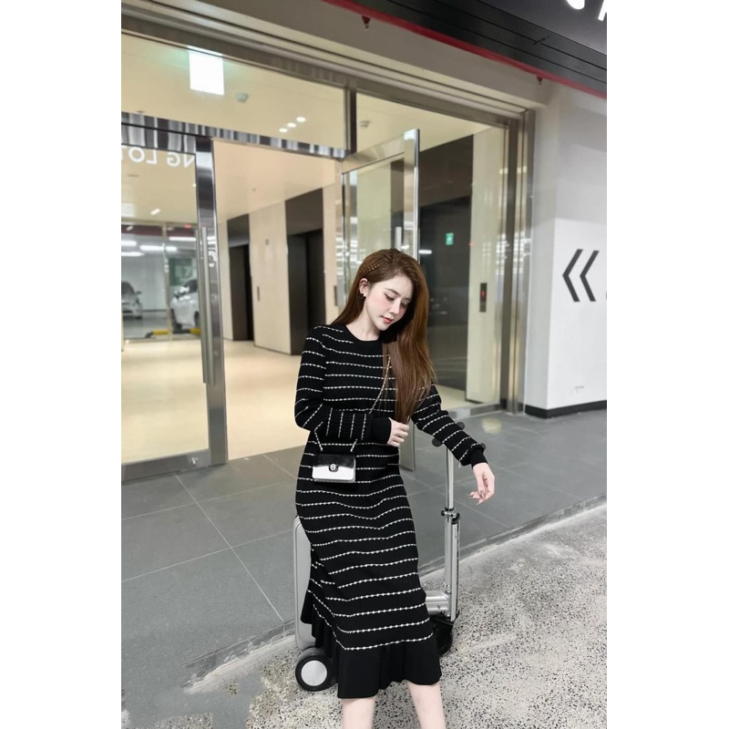 Váy body Len kẻ dài tay, váy len nữ dáng dài thu đông