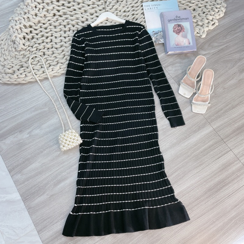 Váy body Len kẻ dài tay, váy len nữ dáng dài thu đông