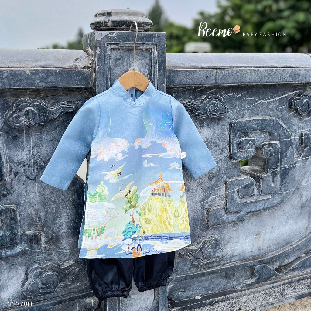 Áo dài hạc Vân Sơn cho bé trai Beemo,Chất liệu tafta nhũ với ưu điểm siêu đứng form, không nhăn, bắt sáng B400