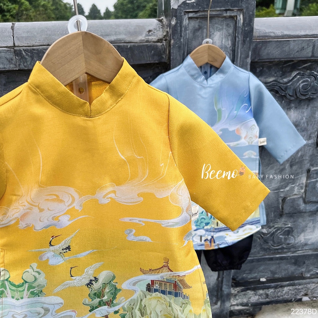 Áo dài hạc Vân Sơn cho bé trai Beemo,Chất liệu tafta nhũ với ưu điểm siêu đứng form, không nhăn, bắt sáng B400