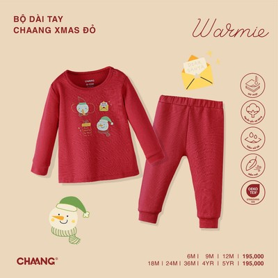 [CHAANG 3M-5Y] Bộ quần áo dài tay giáng sinh Chaang Xmas đỏ cho bé gái và bé trai