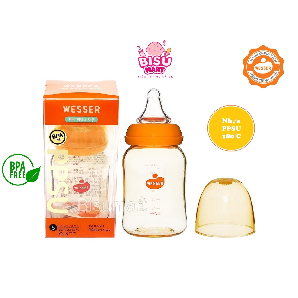 Bình sữa WESSER, Bình Sữa cổ hẹp nhựa PPSU 140ml