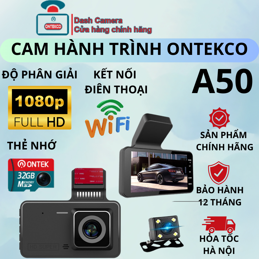 Camera hành trình ô tô ONTEKCO A50/A50 Pro Chống Rung tự động -Kết Nối Điện Thoại. BH hãng 12 tháng