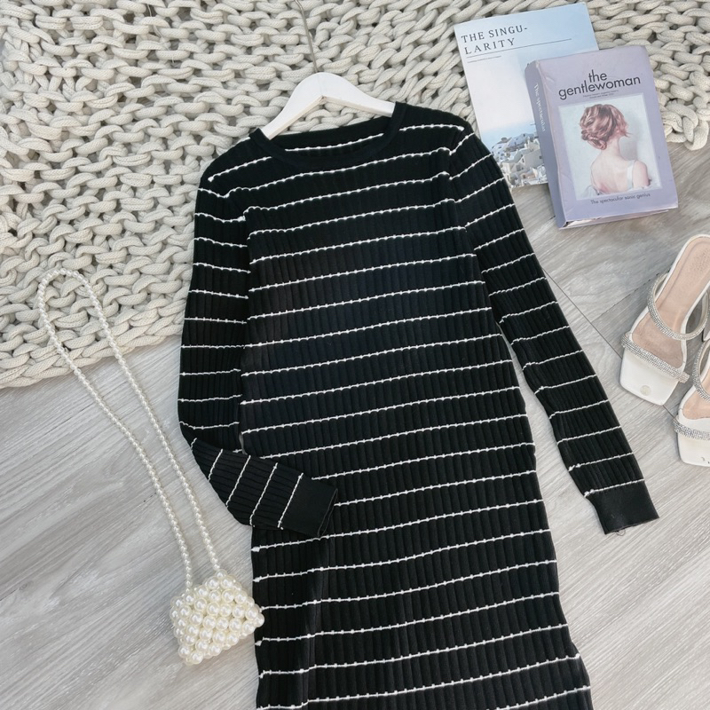 Váy body Len kẻ dài tay, váy len nữ dáng dài thu đông