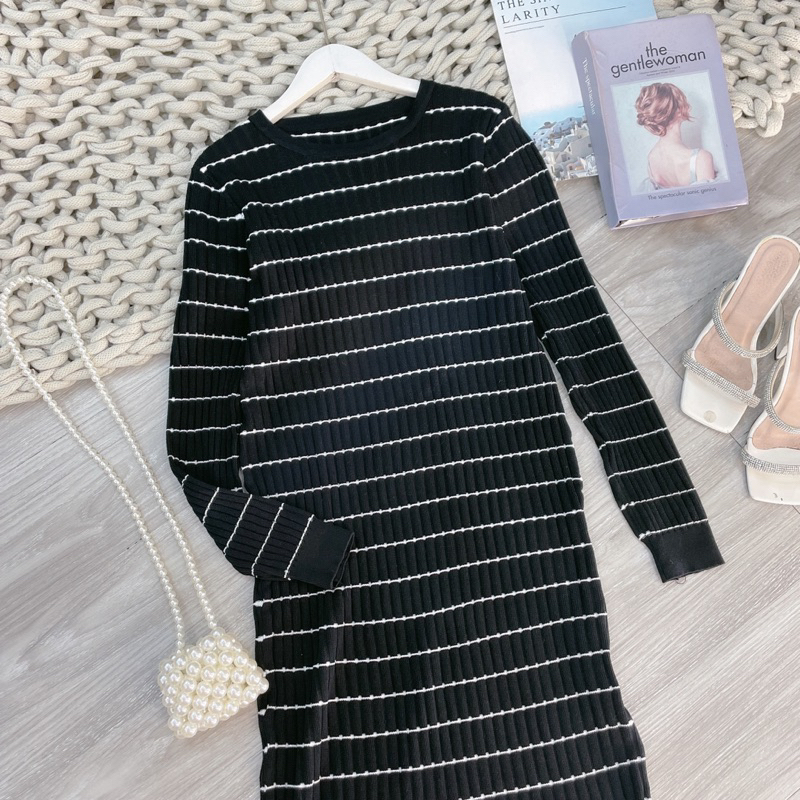 Váy body Len kẻ dài tay, váy len nữ dáng dài thu đông