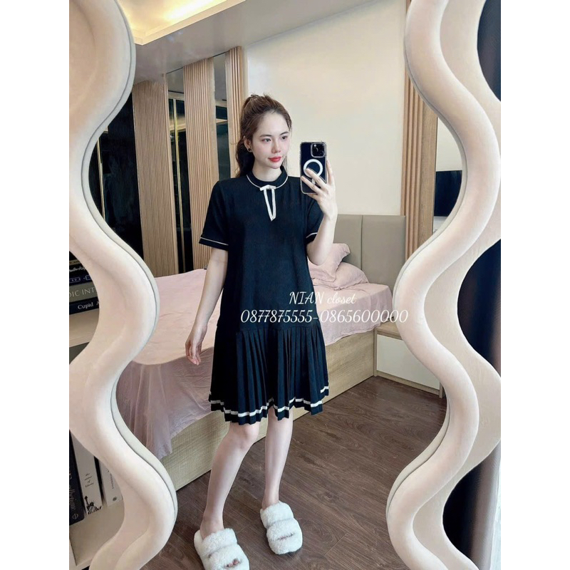 H50 váy babydoll tăm xếp ly dáng ngắn , váy nữ fom xuông dễ thương