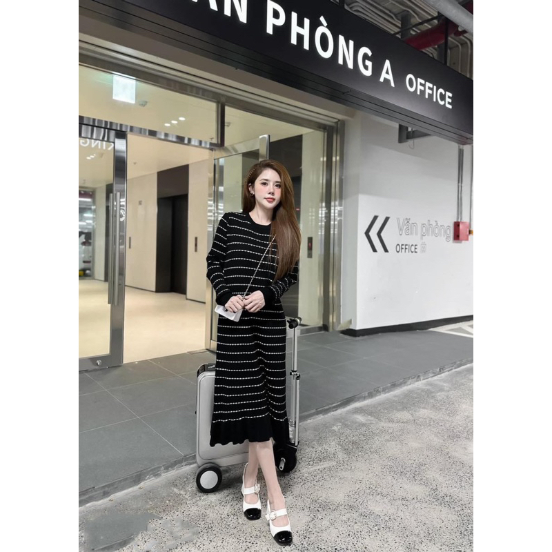 Váy body Len kẻ dài tay, váy len nữ dáng dài thu đông