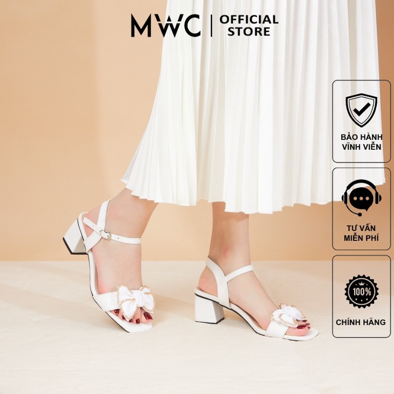 Giày Cao Gót MWC 4368 - Giày Sandal Cao Gót Vuông 5p Quai Ngang Đính Nơ Viền Xích Nữ Tính Thời Trang