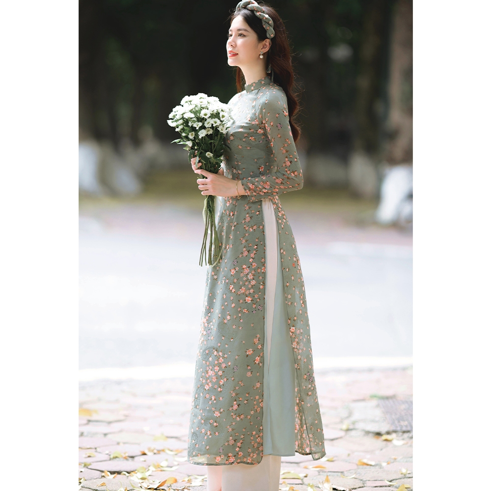 Áo dài truyền thống hoa nhí hàng thiết kế, áo dài bốn tà chất liệu tơ voan - Thời trang Giian - AD0101
