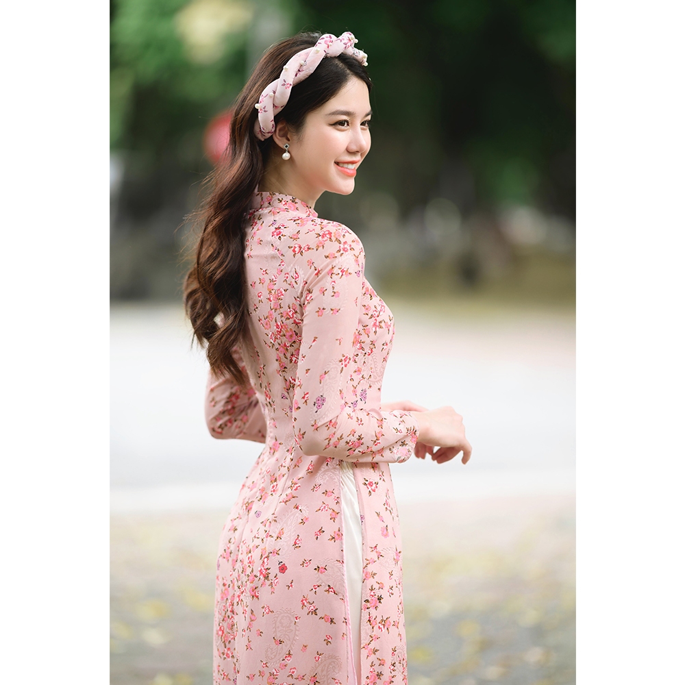 Áo dài truyền thống hoa nhí hàng thiết kế, áo dài bốn tà chất liệu tơ voan - Thời trang Giian - AD0101