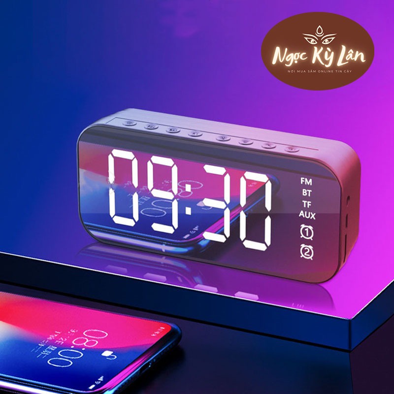 Loa Bluetooth kiêm đồng hồ, nhạc FM, đo nhiệt độ, có khe cắm thẻ nhớ - Loa đồng hồ mặt gương