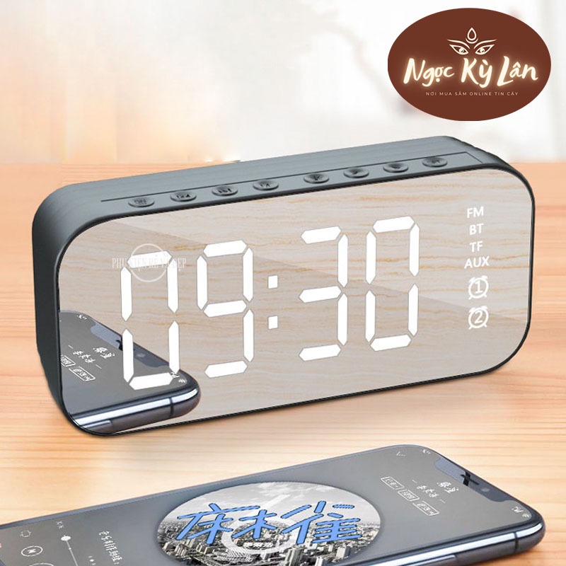 Loa Bluetooth kiêm đồng hồ, nhạc FM, đo nhiệt độ, có khe cắm thẻ nhớ - Loa đồng hồ mặt gương