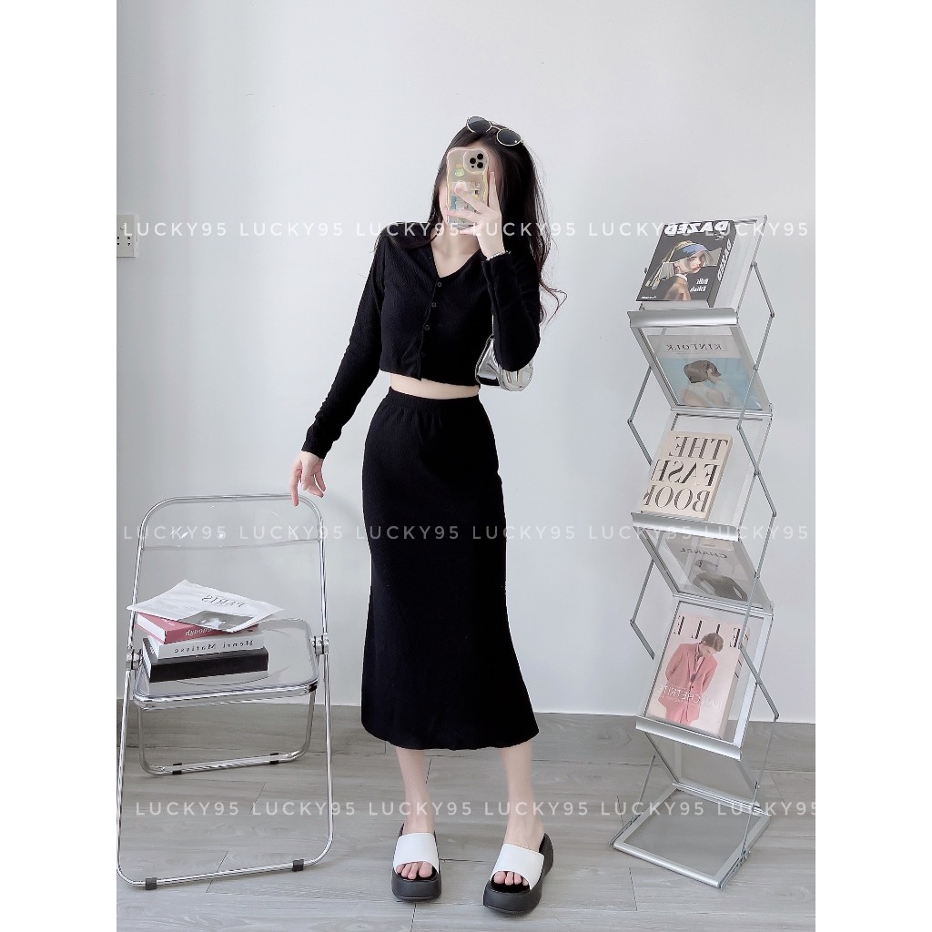 Set váy thời trang nữ,set áo tay dài cổ tim cài nút - mix chân váy dài đuôi cá tôn dáng_ảnh thật LP