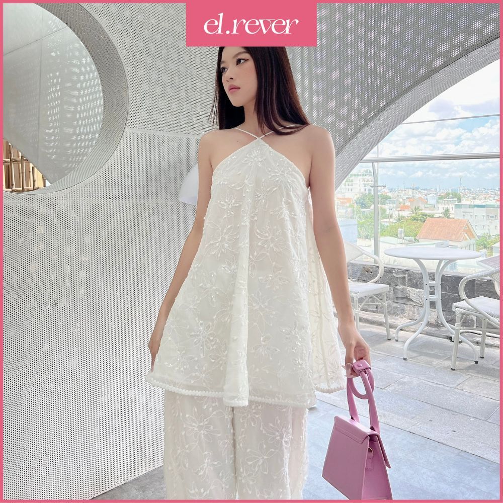 ELRÊVER - Set áo ren dây kiểu yếm và quần suông dài - Màu trắng  - 0722S02