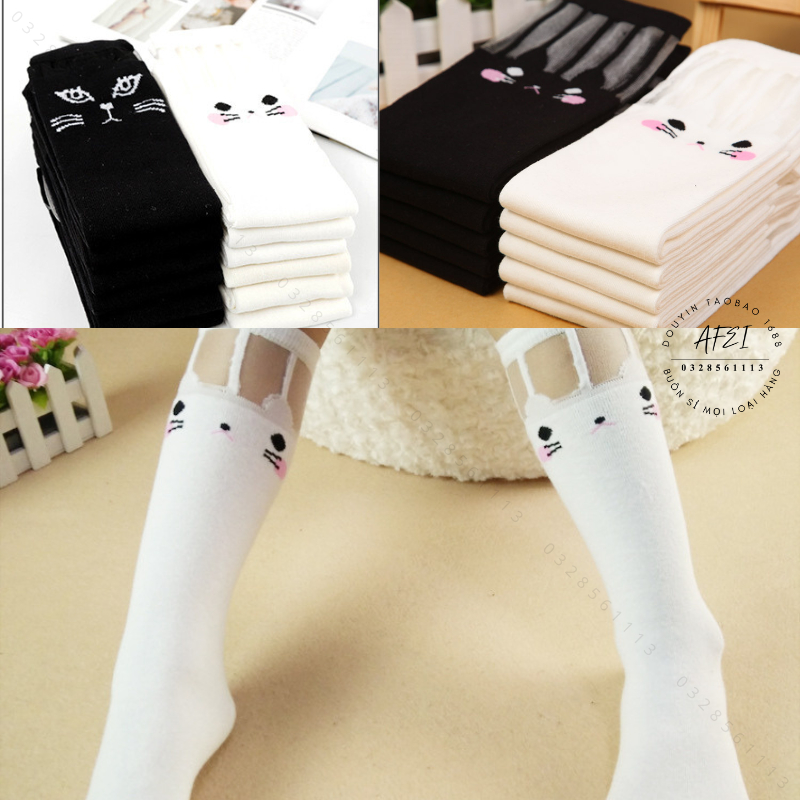 Vớ Tất Len Cotton Dài Đến Đầu Gối, Họa Tiết Mèo Dễ Thương Phối Gen Cho Bé Gái - FL33