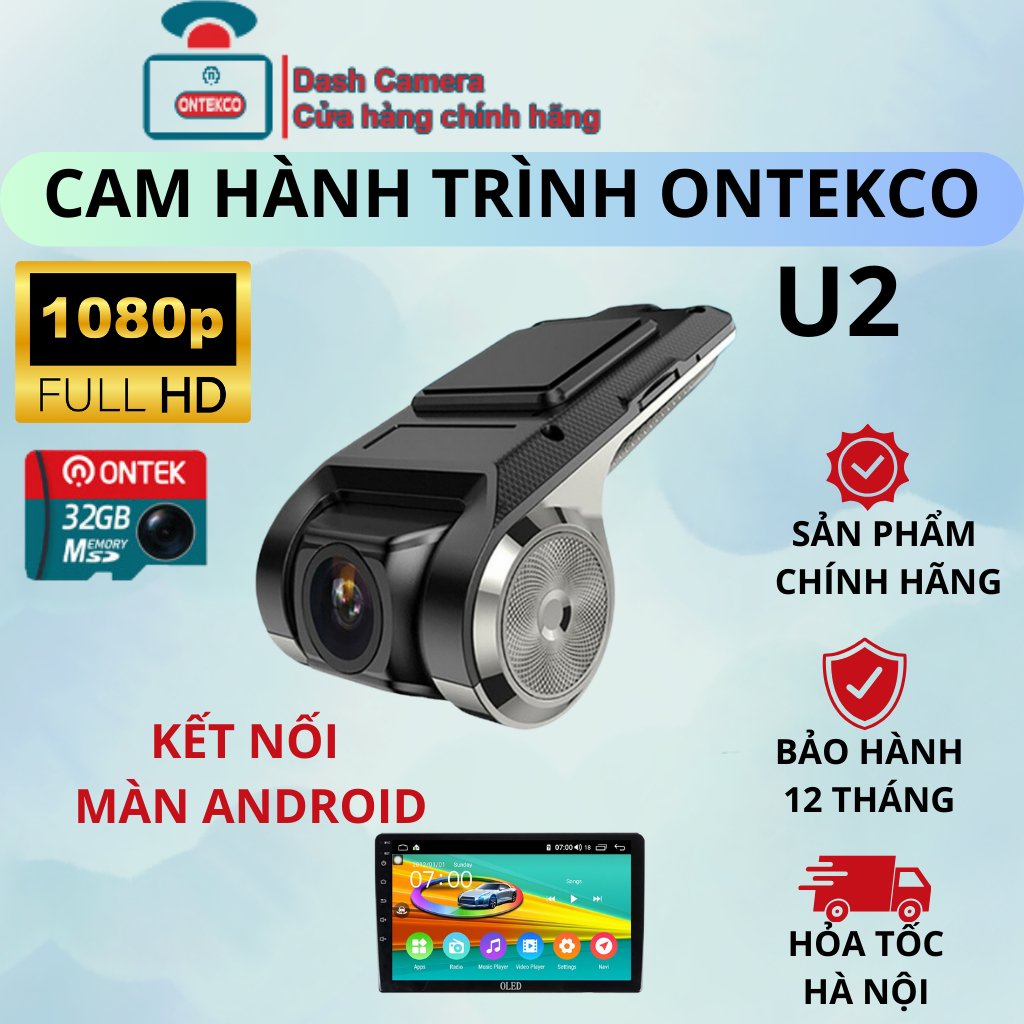 Camera hành trình Ô TÔ ONTEKCO U2 DVR FHD 1080P, góc rộng siêu nét - kết nối Đầu android ô tô qua cổng usb - BH 12 Tháng