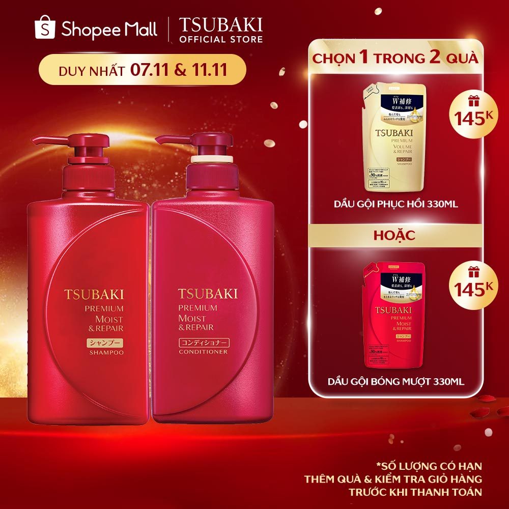 Bộ đôi gội xả Dưỡng tóc bóng mượt Premium Moist Tsubaki  JPKOI