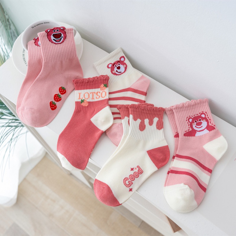 Set 5 đôi tất cotton Gấu Hồng LOTSO Cô Gái cổ cao sợi bông mềm mại thoáng khi khử mùi te26