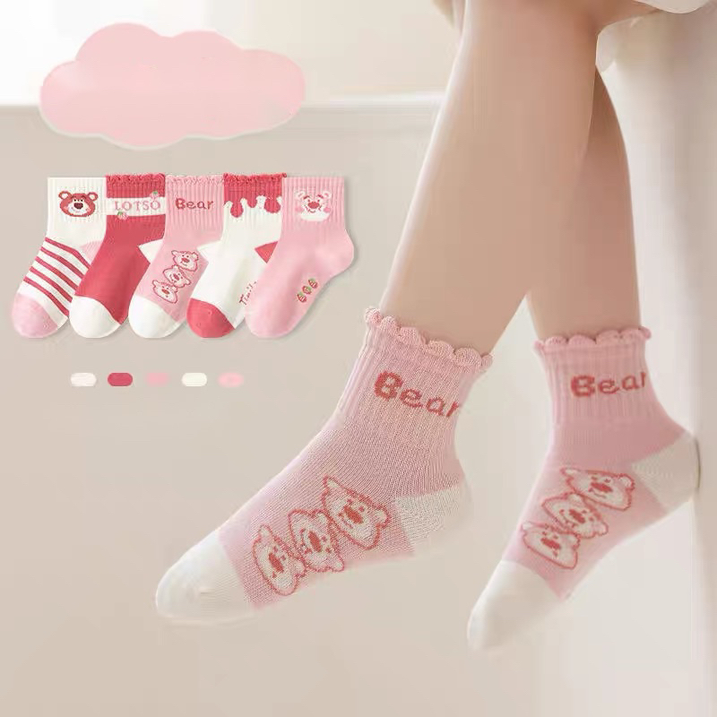 Set 5 đôi tất cotton Gấu Hồng LOTSO Cô Gái cổ cao sợi bông mềm mại thoáng khi khử mùi te26