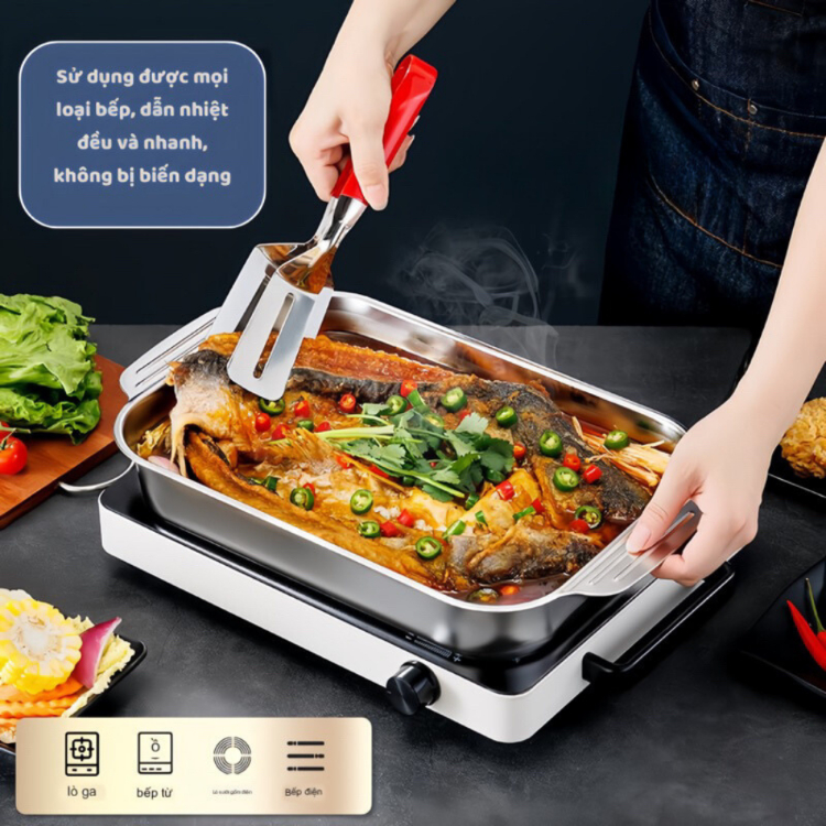 Khay Inox Đa Năng Có Tay Cầm, Dùng Được Trên Bếp Từ, Om Cá, Nấu Lẩu, Khay Inox 304 An Toàn Sức Khoẻ, Đa Năng, Tiện Lợi