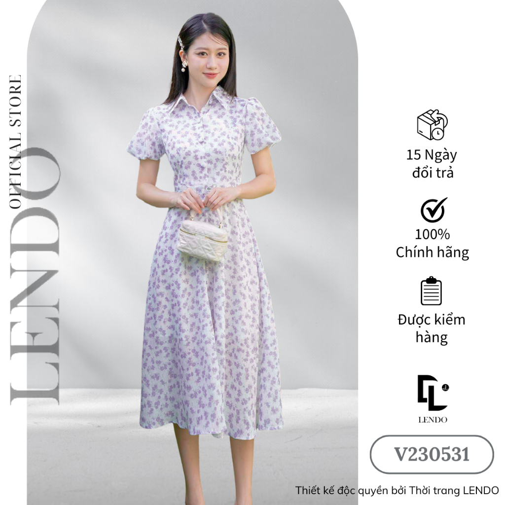 Váy hoa nhí đai eo cổ sơ mi LENDO V230531