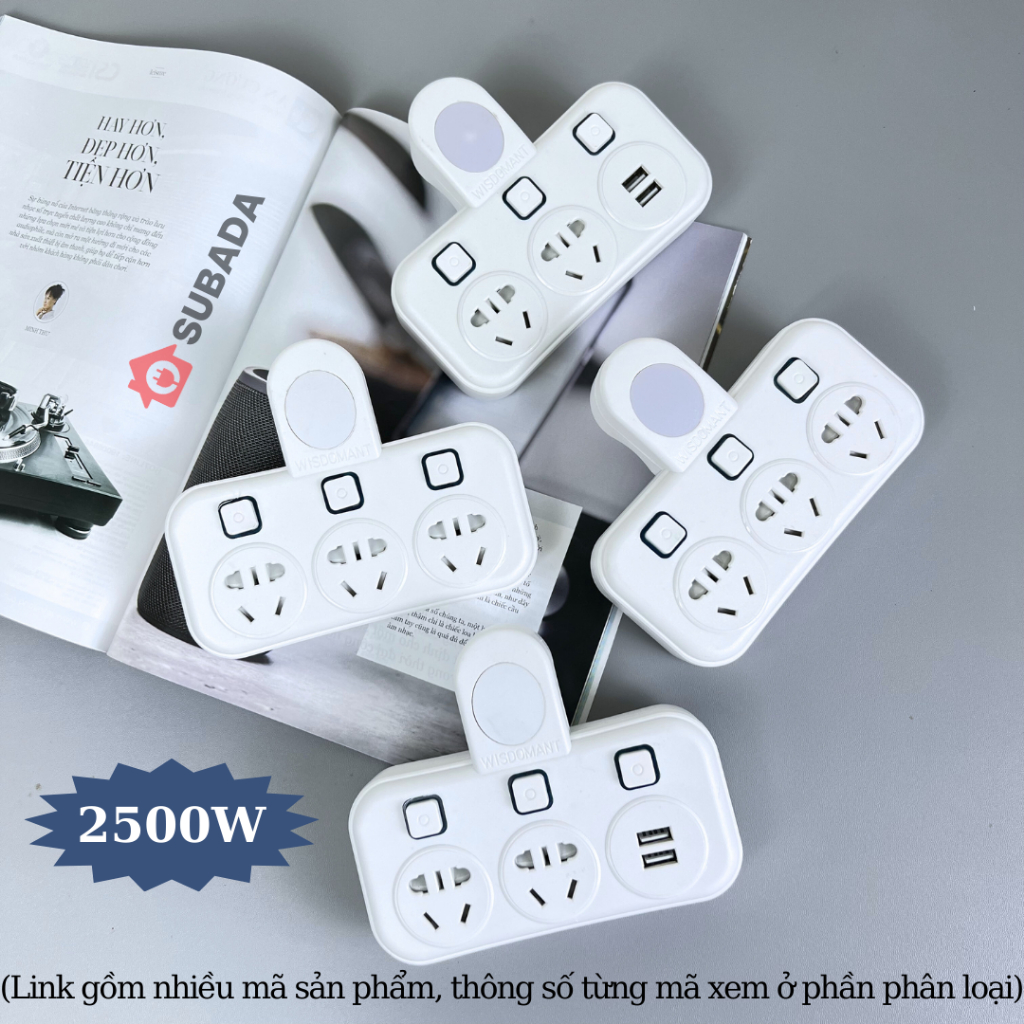 Ổ chia điện không dây 2500W Subada chống giật dùng với mọi phích cắm cổng USB và đèn ngủ tiện lợi bảo hành 12 tháng TH5