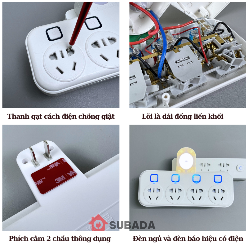 Ổ chia điện không dây 2500W Subada chống giật dùng với mọi phích cắm cổng USB và đèn ngủ tiện lợi bảo hành 12 tháng TH5