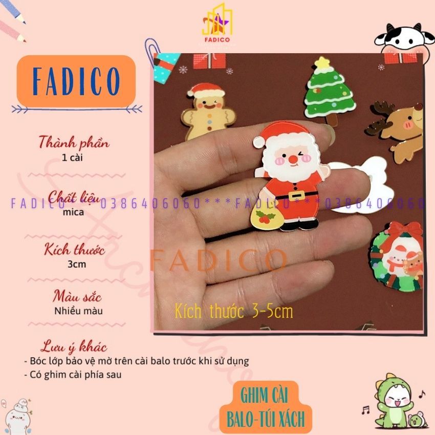 Sỉ Pin cài balo túi xách,gim cài áo, trâm cài túi xách balo hình ÔNG GIÀ NOEL  dễ thương,KT 3-5cm nhựa acrylic-FADICO