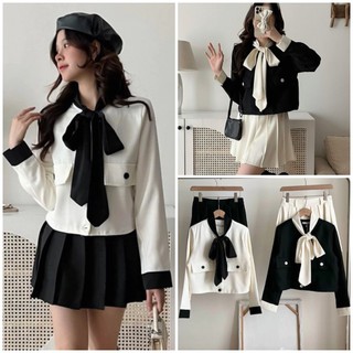 Set Áo Dạ Cổ Nơ 2 Lớp Mix Chân Váy Xếp Ly Hai Màu Đen Trắng, Labibi