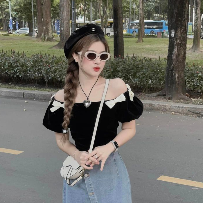 Áo nhung nữ trễ vai đính nơ dáng ngắn xinh xắn áo kiểu nữ thiết kế đi chơi v LD346