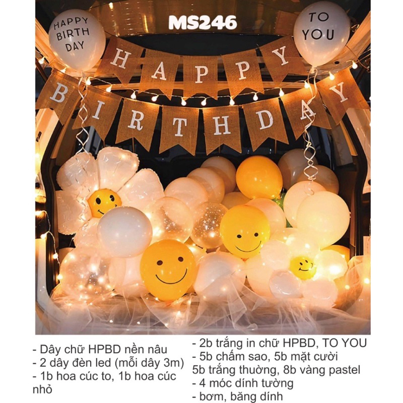 Set bóng trang trí sinh nhật cốp xe ô tô kèm đèn LED