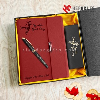Sổ da đỏ + bút ký cao cấp - Bộ quà tặng khắc tên, chữ, hình ảnh theo yêu cầu - quà tặng tri ân thầy cô giáo