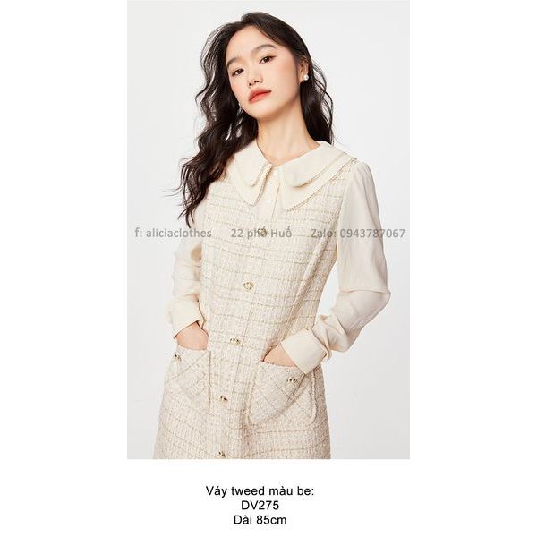 DV275_Váy tweed màu be ngà sang nhã hơi phong cách Hàn Quốc của Seifini.