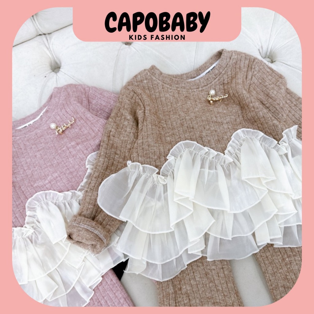 Bộ len lông thỏ phối ren cho bé gái, bộ đồ cho bé 7-18kg