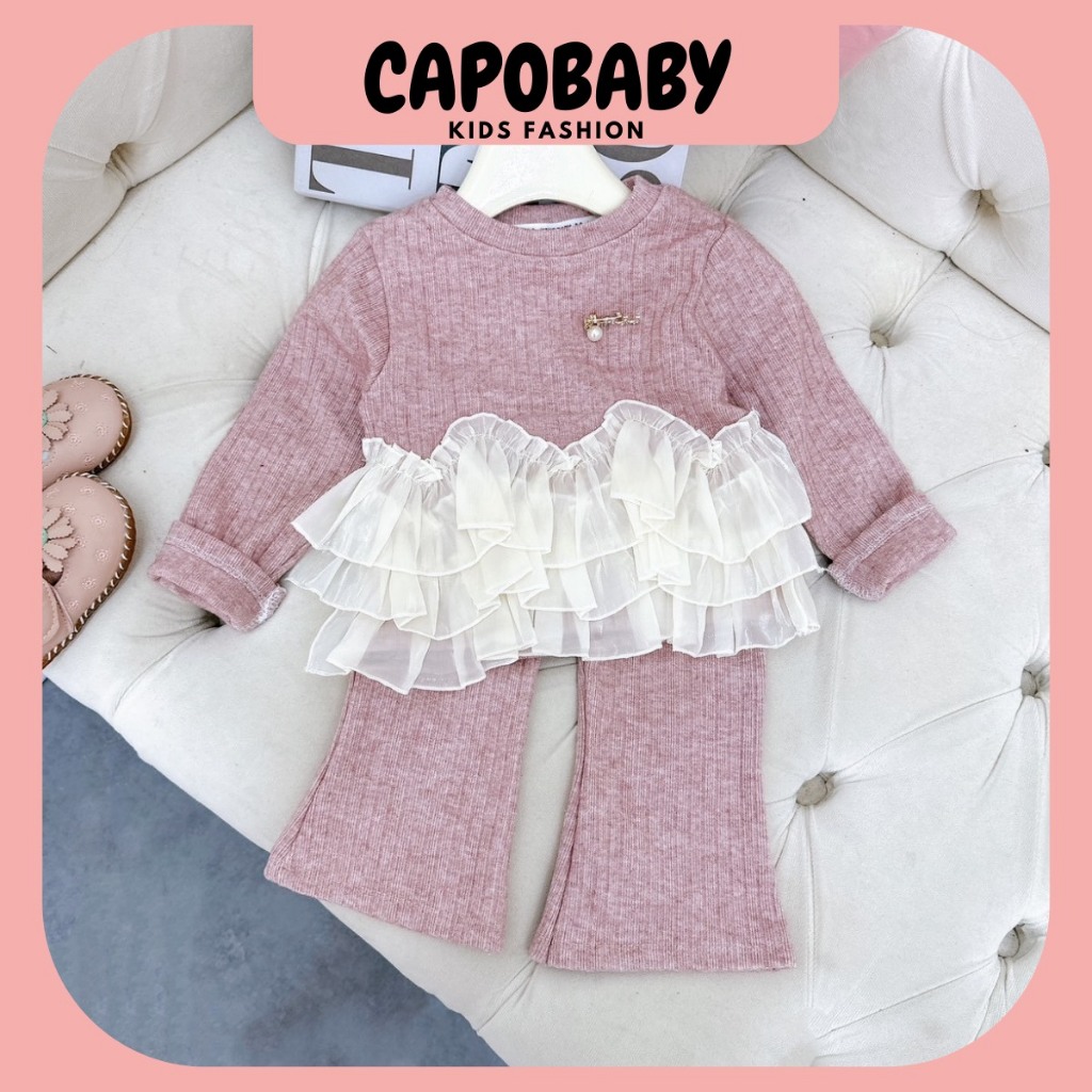 Bộ len lông thỏ phối ren cho bé gái, bộ đồ cho bé 7-18kg