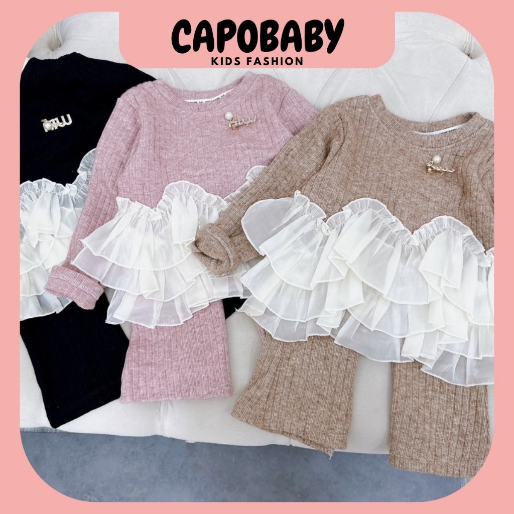 Bộ len lông thỏ phối ren cho bé gái, bộ đồ cho bé 7-18kg