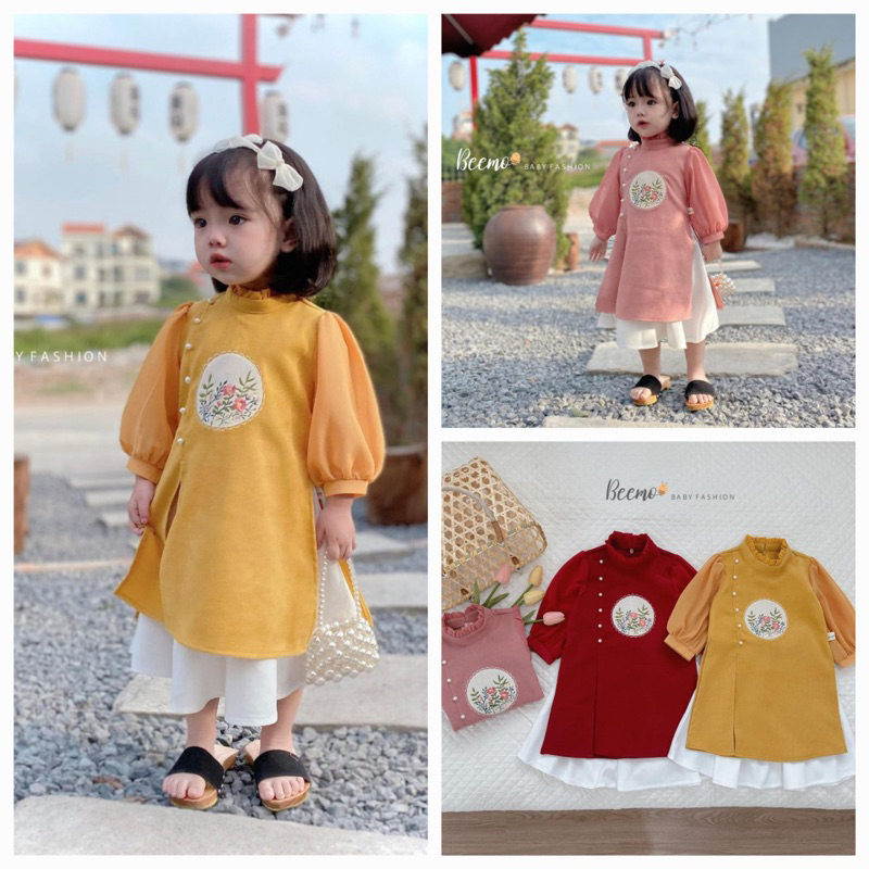 Áo dài cách tân bé gái tay lỡ thắt nơ, cổ tàu, thêu hoa, chất liệu mango cao cấp, thoải mái khi mặc - A02
