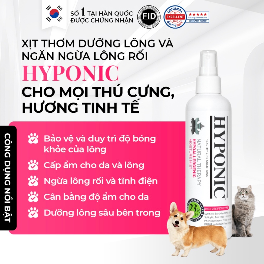 Xịt thơm dưỡng lông và ngăn ngừa lông rối HYPONIC dành cho thú cưng, hương tinh tế - 237ml