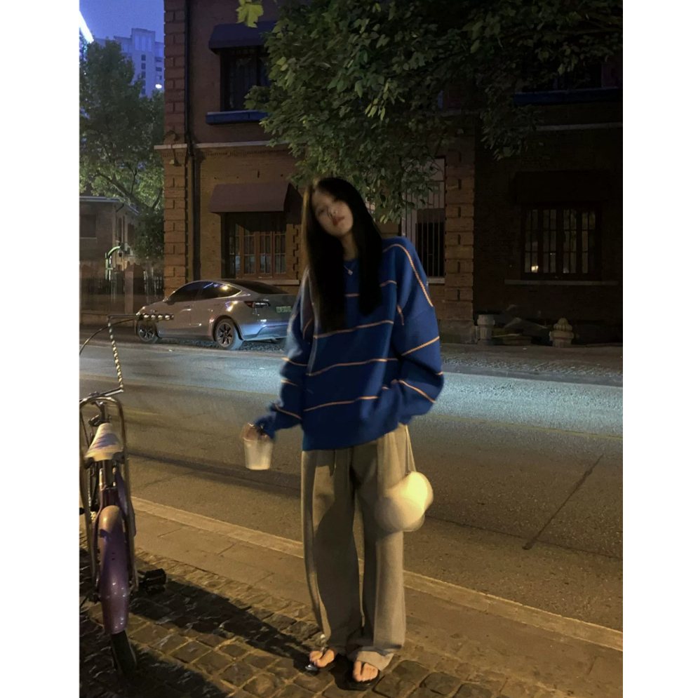 Áo sweater Len Kẻ Sọc Màu Xanh Dương Phong Cách Đường Phố  - insta: pass.dosinhvien