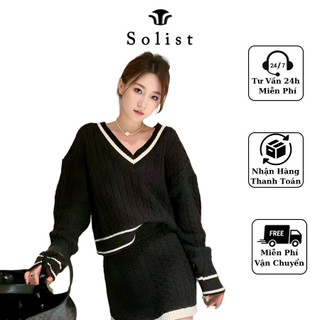 SET ÁO LEN CỔ V CHÂN VÁY PHỐI VIỀN BASIC