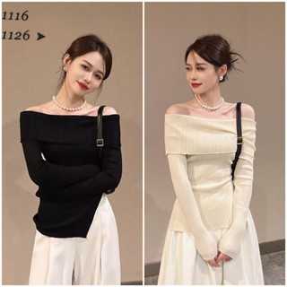  Áo len trễ vai tay dài nữ kiểu xẻ tà dáng ôm body hở vai quyến rũ hàng dệt kim đẹp Quảng Châu cao cấp 