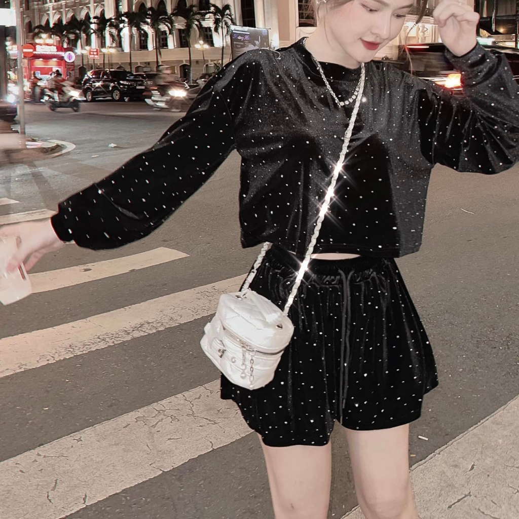 Bộ nhung croptop đính đá dài tay quần short đùi LD456